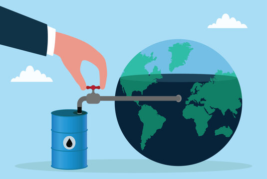 Vector illustration of a hand controlling oil flow from a globe into an oil barrel, concept of global energy supply, oil distribution system, and petroleum market control
