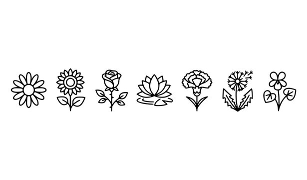 Minimal flower line icons chamomile sunflower rose lotus carnation dandelion violet flat vector set editable