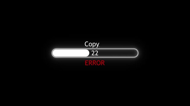 Copy loading bar error concept on black background. 0-100 percentage progress white loading bar animation concept