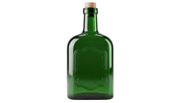Empty green glass bottle with a rectangular embossed label area and a natural cork stopper, isolated on transparent background