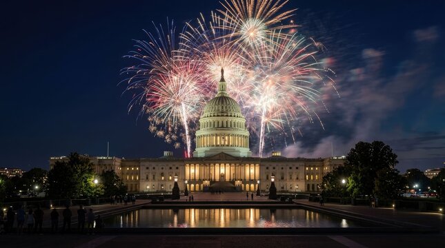 Spectacular fireworks display over a grand building at night celebrating a special occasion