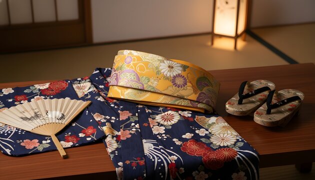 Japanese tradition and elegant attire with a floral kimono, decorative obi, and zori sandals prepared for the Bon Odori festival concept in a traditional ryokan setting