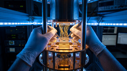 Naklejka premium Scientist assembling advanced quantum computer processor in laboratory