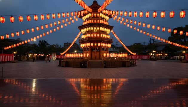 Traditional Bon Odori festival tower with red lanterns glowing at dusk, capturing a nighttime illumination and festive atmosphere for a Japanese culture concept