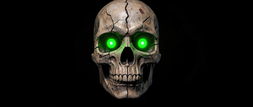A close-up shot of a skull with glowing green eyes
