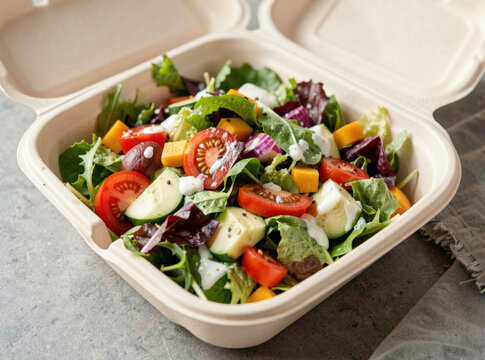 A fresh salad served in a white styrofoam container on a table, perfect for office lunches or outdoor picnics