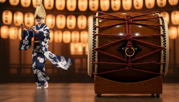 Japanese woman as a traditional dancer performing next to a musical instrument taiko drum for a Bon Odori festival concept featuring glowing lanterns and cultural heritage vibes