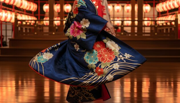 Vibrant performance in kimono dress during a traditional Bon Odori festival at night, woman spinning with floral silk patterns for Japanese culture concept