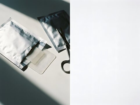 Top view of foil packets with medical patch and scissors under harsh sunlight with deep shadows set.