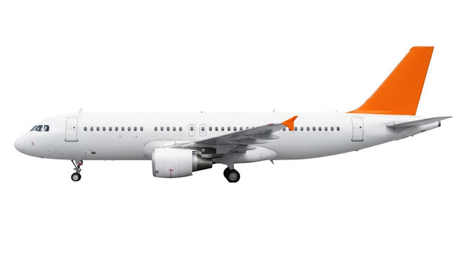 Side view of a white passenger airplane with an orange tail fin and winglet, isolated on transparent background