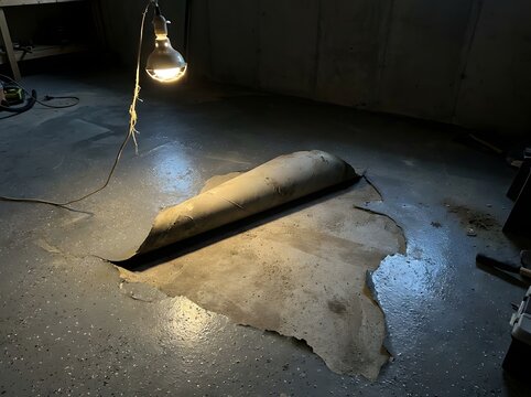 Single overhead work lamp illuminating a large section of peeling concrete floor in a dark basement.