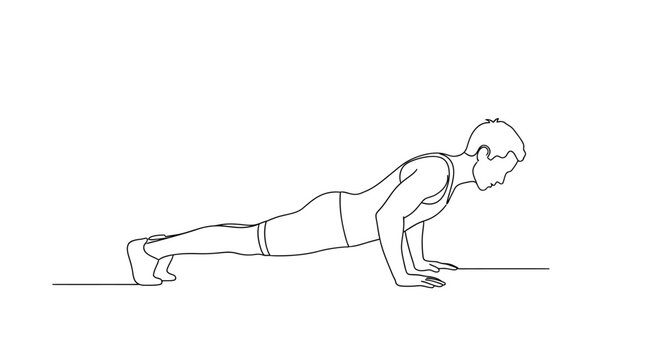 Man doing push up exercise in continuous line art style isolated on white background