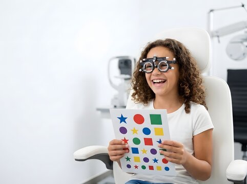 Laughing young girl during eye exam wearing trial frame glasses holding colorful shape vision chart.