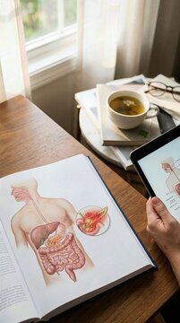 Detailed science book illustrating human digestive system, showcasing pancreatic disease, pancreatitis, gland inflammation, health research, medical education