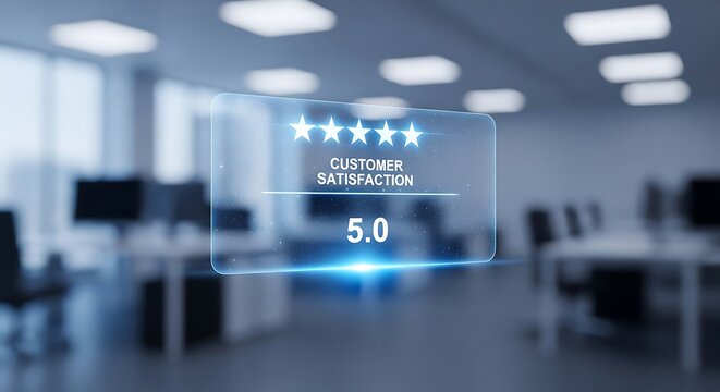 Five Star Customer Satisfaction Rating, 5.0 Score, Glowing Review Display, Modern Office Background, Business Excellence Concept