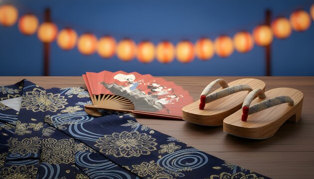 Traditional Yukata, Geta sandals, and folding fan on a table during a Bon Odori festival, highlighting Japanese folklore dance and oriental costume concept for summer celebration