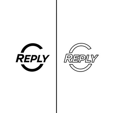 Reply button text logo with circular frame in solid black and outline styles communication interface software typography response feedback