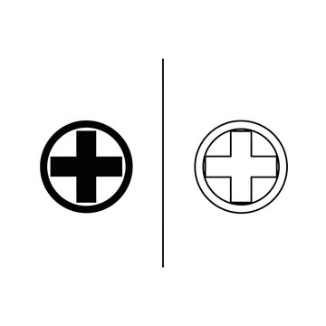 Plus sign icon in solid and outline styles for mathematical or medical concepts with first aid math operation addition mathematics positive