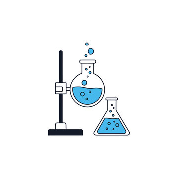 Laboratory flasks with blue bubbling liquid on retort stand vector