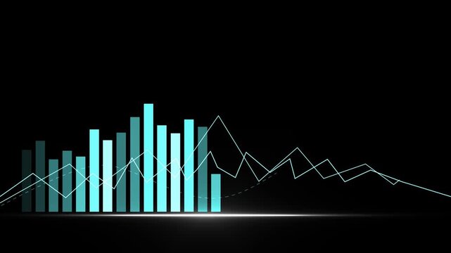 Minimalist black financial bar and line chart 2027 animation, Stylized black background financial chart with illuminated bar and line graphs