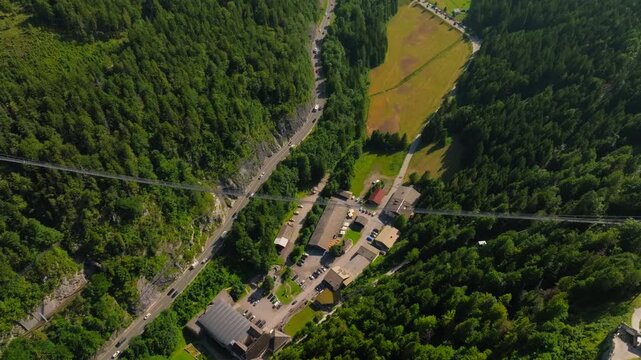 Aerial view of the Highline 179 tourist bridge in Austria. Travel and tourism in Alpine Europe, suspension bridge.