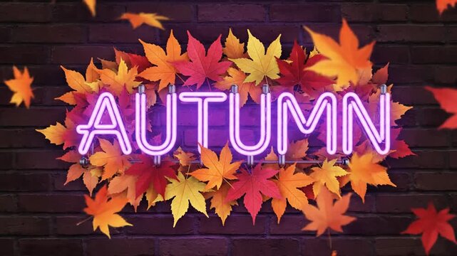 Neon autumn sign with falling leaves against brick wall backdrop
