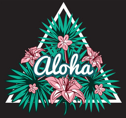 Tropical floral aloha vector graphic, pink and green palm leaves, Hawaiian style illustration, triangle shape design © md