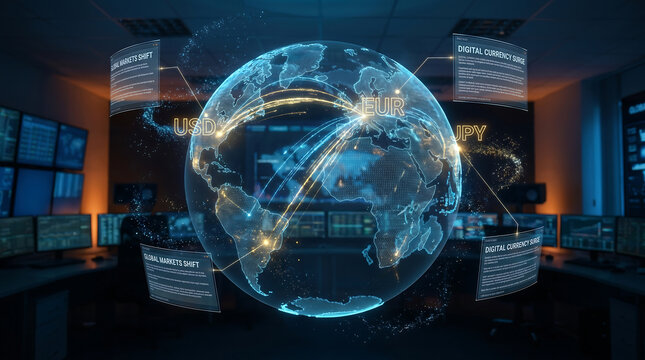 Global digital currency trading hologram in a high tech data room
