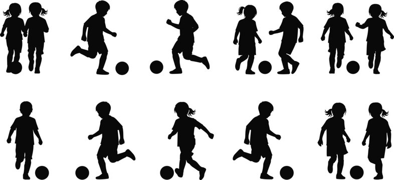 Set of professional children playing soccer silhouettes black and white vector collection of young boys and girls kicking ball and practicing football sports activity assets isolated on white