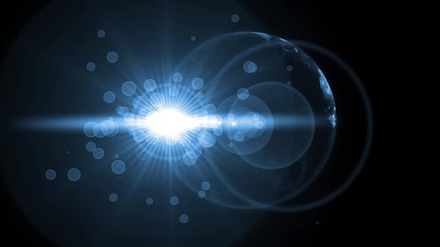 Lens flare over earth in space background animation, Bright lens flare across space with earth partially visible on right