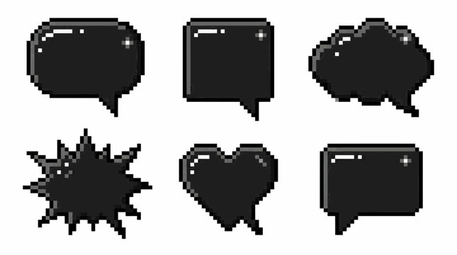 Pixel Art Black Speech Bubble Set with Sparkle Highlights Vector Illustration