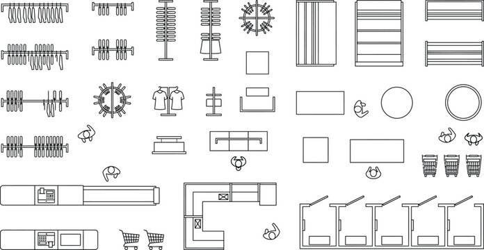 CAD vector floor plan symbol library, top view interior elements set with furniture, kitchen, bathroom, stairs and storage blocks for architectural blueprint and space planning design