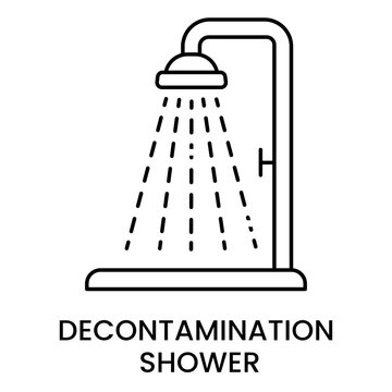 Line icon of a decontamination shower, representing emergency washing stations, chemical safety, and contamination removal systems.