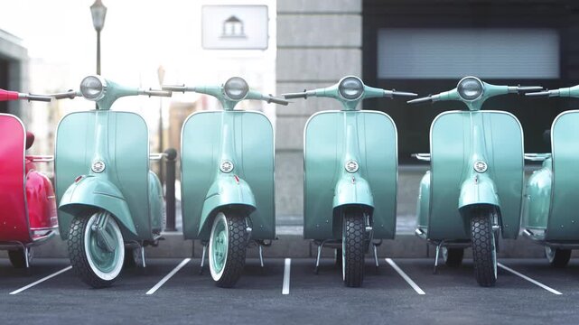 Row of vintage motorcycles and scooter. 3d animation