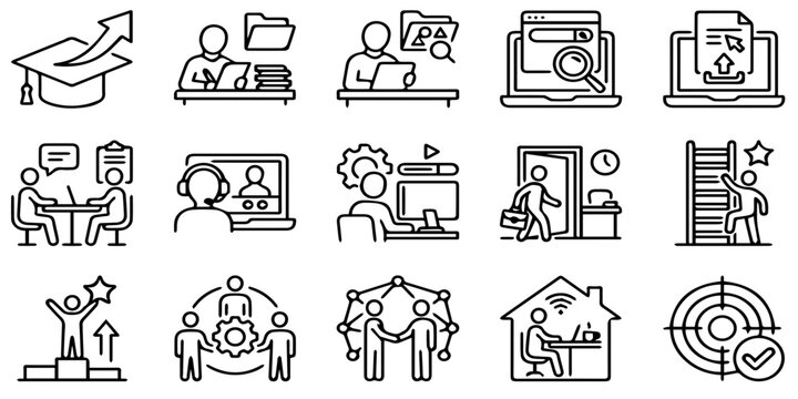 Graduation to Career Journey Modern Line Icon Set Job and Skill Development