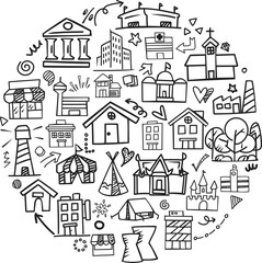 Naklejka premium Urban Buildings and City Icons Pattern Grouped in Circle Doodle