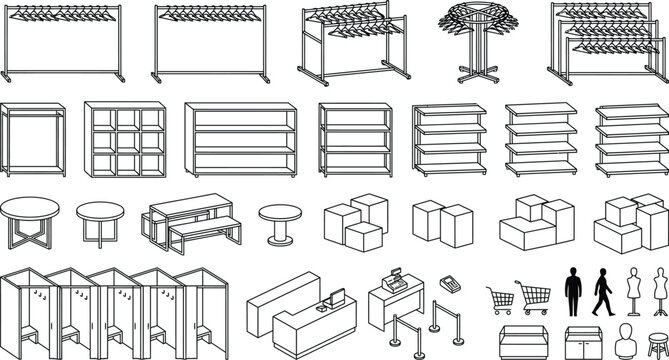 Isometric modular furniture CAD vector set, shelving, storage racks, counters, partitions and worktables with human scale silhouettes for warehouse, retail and exhibition layout design