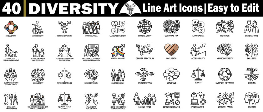 Diversity line icons. Featuring inclusive social programs, community engagement, cultural education, and global unity.