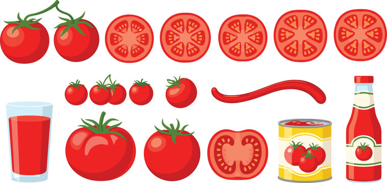 Fresh Tomato and Tomato Product Collection Featuring Vine Tomatoes, Round Slices, Ketchup Bottle, Canned Goods, and Juice Glass for Organic Culinary Branding and Healthy Food Graphic Designs