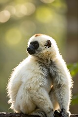 Fototapeta premium Sifaka lemur with glowing white fur in golden morning light