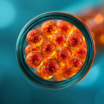 Glowing copper his tag chelate spa beads in a glass laboratory tube