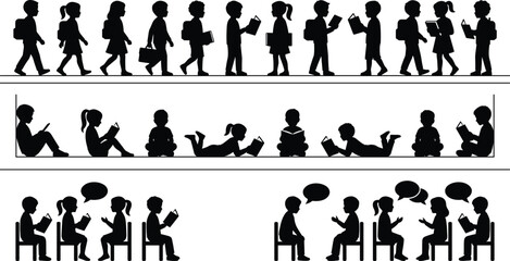 Black silhouette set of little school children walking with backpacks, kids reading books, and students talking together with speech bubbles. © mdAl