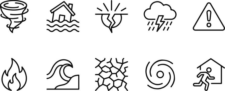 Black line icons of various natural disaster symbols