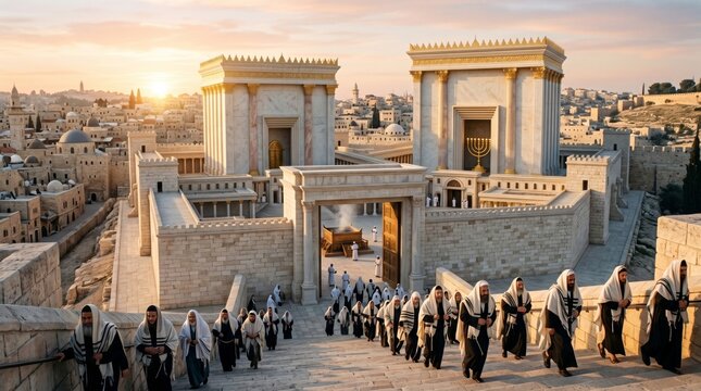 Ancient Jerusalem temple with Jewish priests in traditional robes walking down stone stairs at sunset. Historical biblical scene, religious architecture, architecture and faith.