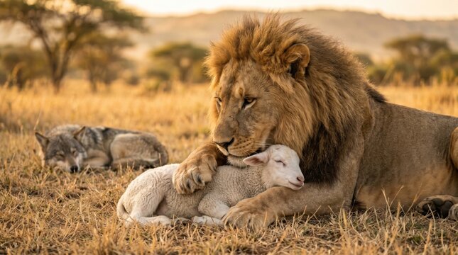 Lion embracing lamb in savanna grass. Biblical concept of lion and lamb lying together peacefully as symbol of divine kingdom and messianic prophecy of Jesus Christ. Religious art.