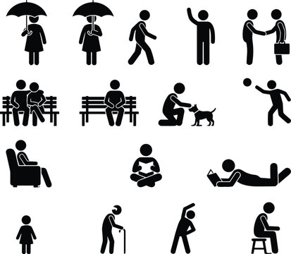 Black stick figure silhouette icons depicting diverse daily life activities, including walking, reading, exercising, and relaxing, isolated on white background.