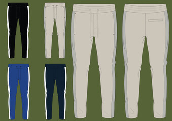 Athletic joggers technical vector mockup, slim fit sweatpants with side stripes, casual fleece track pants flat sketch collection for apparel design © md