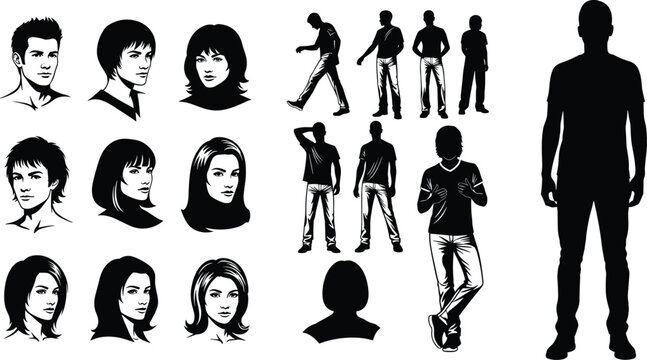 Vector illustration collection of black and white male and female portraits, avatars, faces, alongside full body standing silhouettes of men.