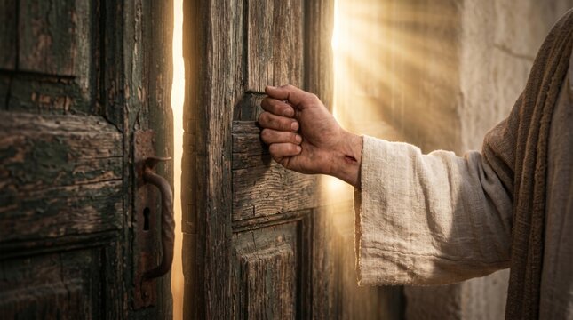 Hand of Jesus knocking on wooden door. Biblical scene of Christ at the door seeking entrance into heart. Concept of faith, redemption, spirituality, divine love and hope. Easter holiday.