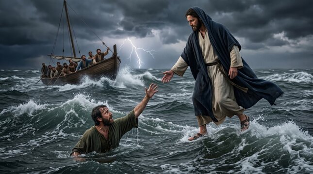 Jesus walking on water reaching out a hand to save drowning Peter in a storm at sea. Biblical scene of faith and miracle. Christian religious art representing hope and salvation.